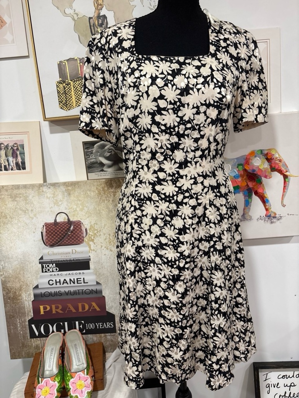 Liz Claiborne Black Dress with Cream Floral Print